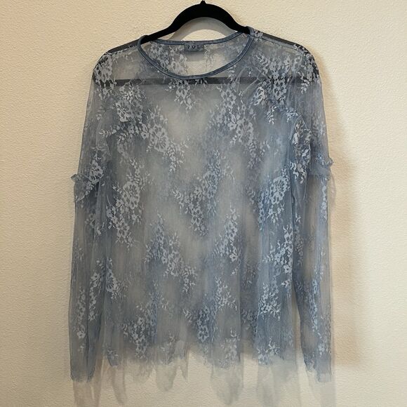 POL Tops - Pol Women’s Blue Floral Sheer Lace Blouse Ruffled Shoulder L Fairy Whimsical